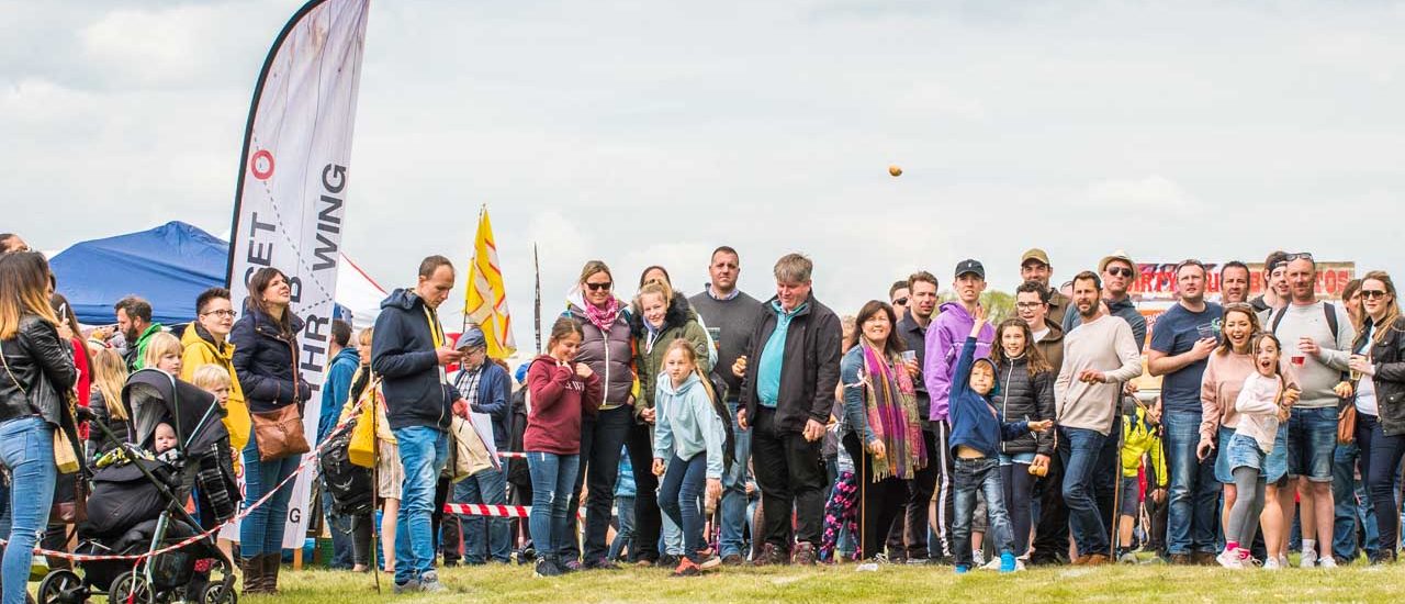 A crowd gathers outdoors, watching people in a queue participate in a fun activity on a grassy field.