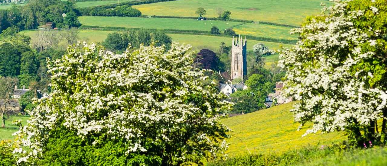 A church tower rises among trees and fields in a lush, green countryside landscape.