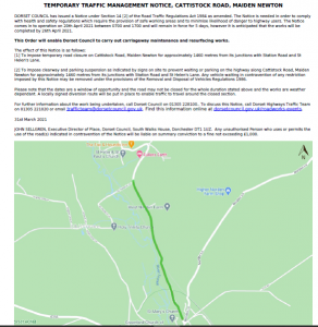 Map and notice about a temporary road closure on Cattistock Road, Maiden Newton, for resurfacing works.