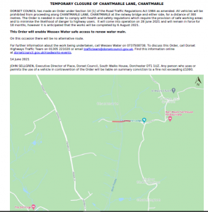 A map showing a temporary road closure on Chantmarle Lane, with text details about the closure and contact information.